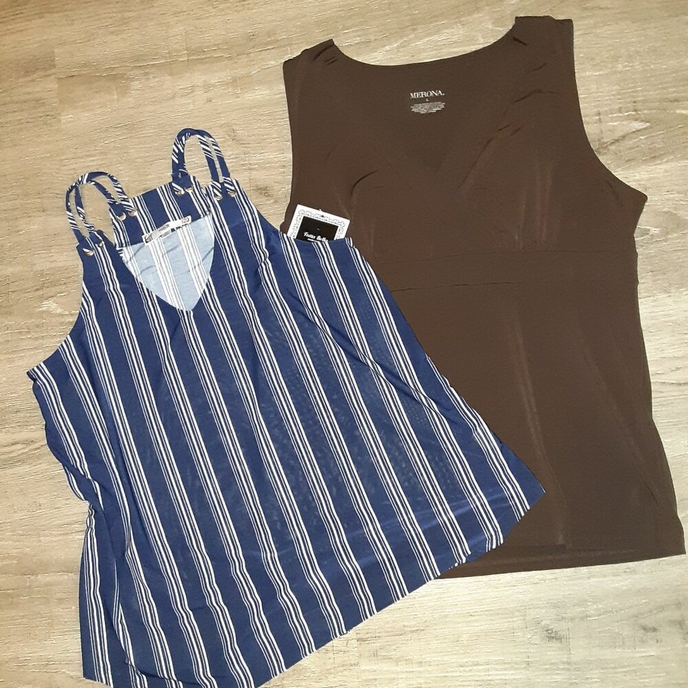 Lot of 2 Tops: Navy & White Stripe w/grommet NWT * Brown Faux Wrap Top Y2k